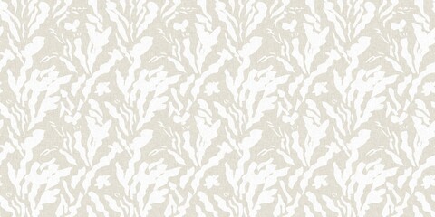 Seamless french gender neutral floral linen printed fabric border background. Light mottled white on grey cottage core block print pattern. Shabby chic woven duotone cloth effect. 