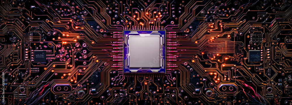 Poster intricate circuit board design showcasing a vibrant microchip and electrical pathways, ideal for tec