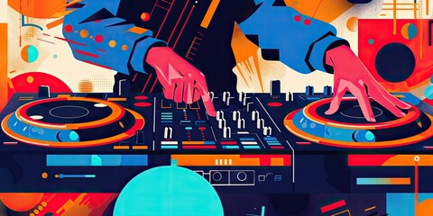 Vibrant DJ Illustration with Turntables