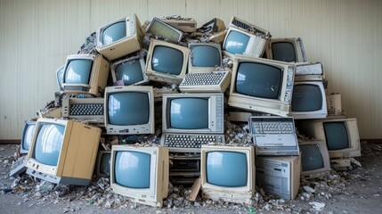 Pile of old computer monitors and keyboards, representing waste and excess in the digital age.
