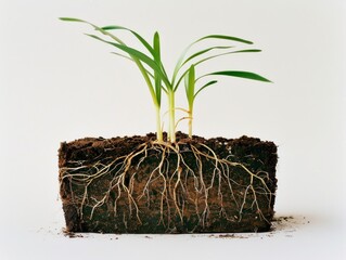 Medium shot of A slice of the earth, a side view, a sprout on the earth, roots entwine the sprout, grass grow on top, themed background,  