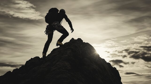 Silhouette of a determined mountain climber reaching the peak of a rugged terrain.