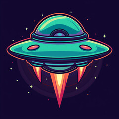 Ufo logo icon on dark background, starship flying saucer  illustration 