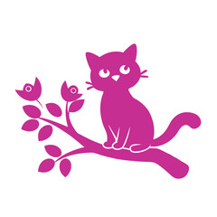 Silhouette Cat Sitting on a Branch Vector Illustration.
