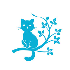 Silhouette Cat Sitting on a Branch Vector Illustration.