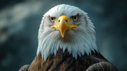 Obraz premium Frontal portrait of an eagle, half close-up, looking at the camera, sharp and majestic.