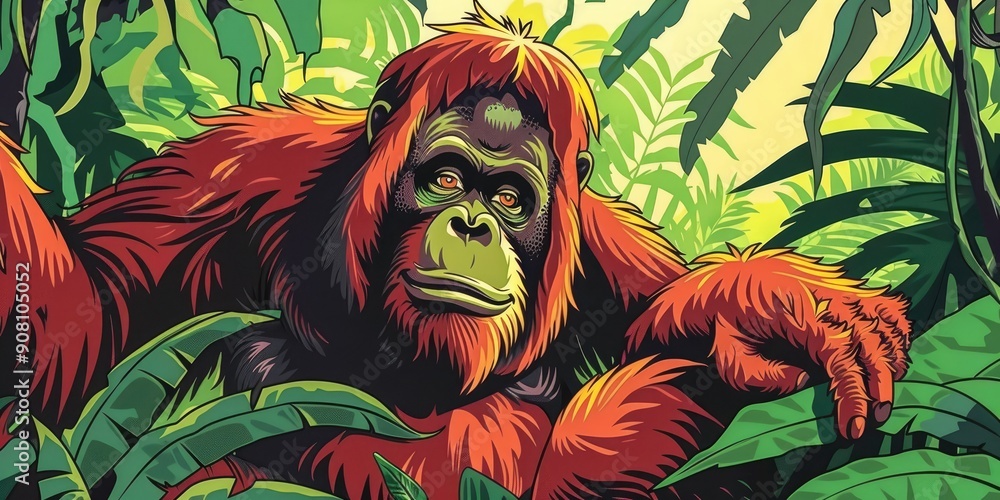 Poster pop art orangutan in lush foliage