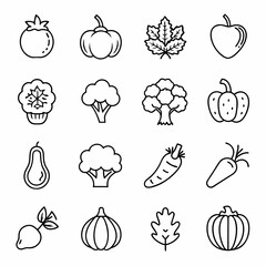 A set of 16 black outline icons of al fruta vector