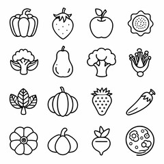 A set of 16 black outline icons of al fruta vector