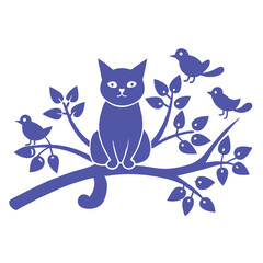 Silhouette Cat Sitting on a Branch Vector Illustration.