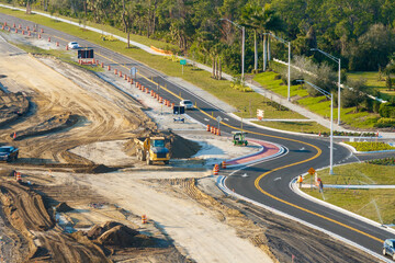 Roundabout intersection construction in North Port, Florida. Development of American road circle...