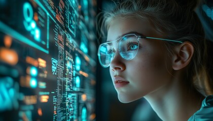 Woman with futuristic glasses analyzes glowing data on a digital interface.