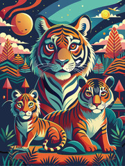 A Family of Tigers in a Colorful, Abstract Jungle Landscape