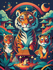 Obraz premium A Family of Tigers in a Nighttime Jungle Setting