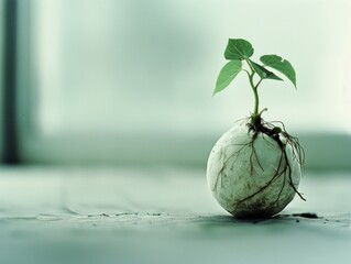 Medium shot of A slice of the earth, a side view, a sprout on the earth, roots entwine the sprout, grass grow on top, themed background,  