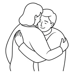 Hug Vector line art illustration of Happy meeting of two Friends hugging. Two friends happy to each other. Love, relatives, friends, line drawing 