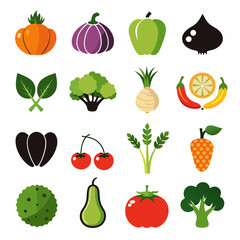 A set of 16 black outline icons of al fruta vector