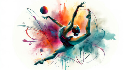 Rhythmic gymnastics exercise in watercolor, olympic rhythmic gymnastics