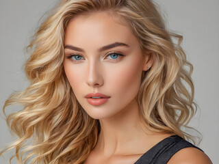 Fototapeta premium Beautiful sensual model girl closeup with long sexy hair, clean skin .Beauty smiling woman, blonde curly hairstyle. Fashion portrait, Face care, Facial treatment, cosmetics and makeup. AI generated