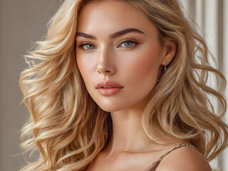 Naklejka premium Beautiful sensual model girl closeup with long sexy hair, clean skin .Beauty smiling woman, blonde curly hairstyle. Fashion portrait, Face care, Facial treatment, cosmetics and makeup. AI generated