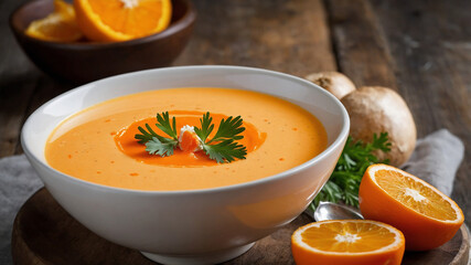 Delicious Carrot Soup with Fresh Ingredients in a Rustic Setting