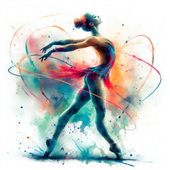Rhythmic gymnastics exercise in watercolor, olympic rhythmic gymnastics