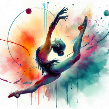 Rhythmic gymnastics exercise in watercolor, olympic rhythmic gymnastics