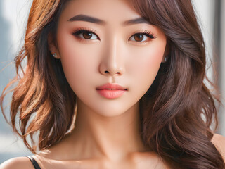 Fototapeta premium Beautiful closeup face, young Asian woman with clean fresh skin minimal background, Face care, Facial treatment, Cosmetology, beauty and spa, Asian women portrait. Luxury moody portrait. AI generated