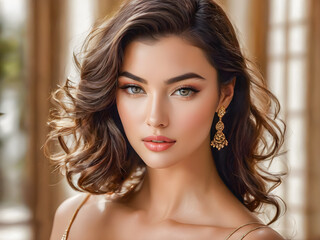 Naklejka premium Beautiful stylish woman closeup portrait. Sensual sexy attractive brunette magical eyes, lips, clean face skin. Beauty girl skin care, facial cosmetics and makeup concept. AI generated