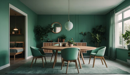 Mint color chairs at round wooden dining table in room with sofa and cabinet near green wall. Scandinavian, mid-century home interior design of modern living room
