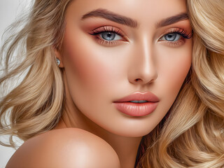 Fototapeta premium Beautiful sensual model girl closeup with long sexy hair, clean skin .Beauty smiling woman, blonde curly hairstyle. Fashion portrait, Face care, Facial treatment, cosmetics and makeup. AI generated