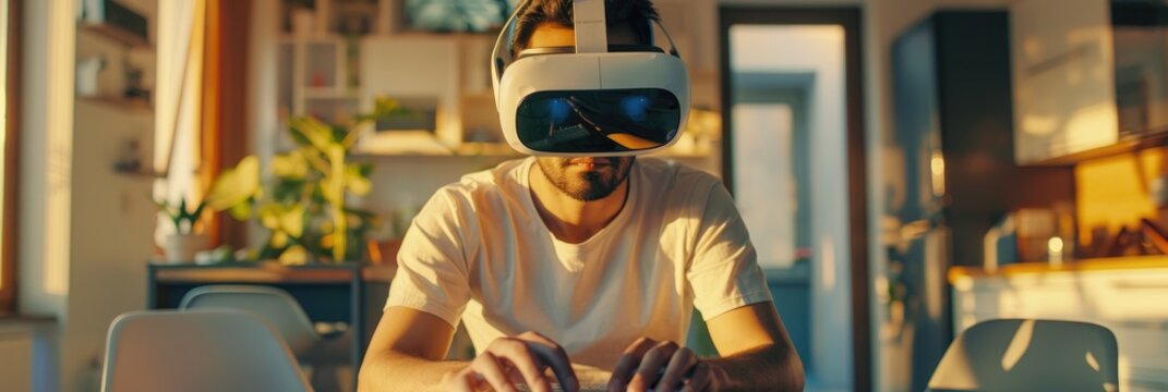 Indian man wearing virtual reality headset using futuristic VR technology typing on virtual keyboard while playing 3D 360 simulation video game at home office Guy in goggles sitting at tabl