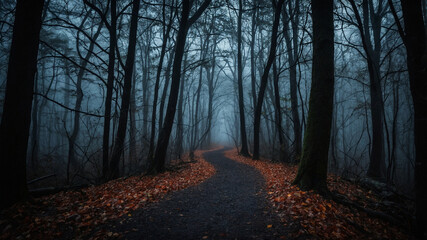 Fototapeta premium Misty Path Through Haunted Forest with Dim Light and Shadows