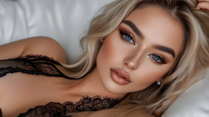 Naklejka premium Beautiful sensual model girl closeup with long sexy hair, clean skin .Beauty smiling woman, blonde curly hairstyle. Fashion portrait, Face care, Facial treatment, cosmetics and makeup. AI generated