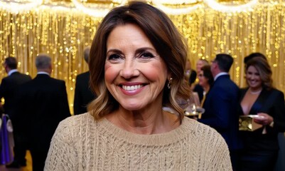 Medium shot portrait video of a satisfied woman in her 40s that is wearing a cozy sweater against a charity gala event with auction and celebrities background