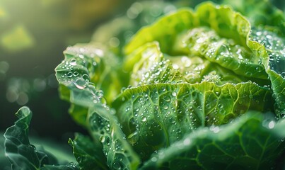 Close-up of fresh cabbage leaves with water droplets, showcasing natural freshness.