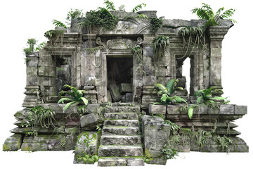 Ancient stone temple ruins in jungle setting isolated