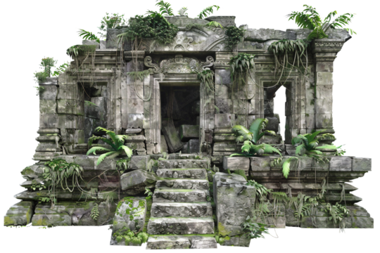 Ancient stone temple ruins in jungle setting isolated