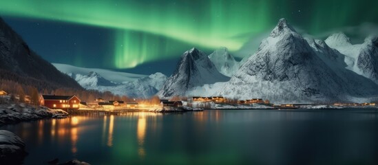 Northern Lights Over a Snowy Mountain Village