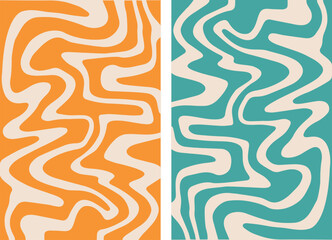 Set of two vector groovy backgrounds in retro style. Trendy abstract psychedelic pattern with 70s hippie waves.