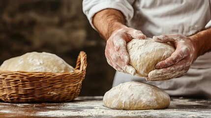 Fototapeta premium A bakers hands shaping a loaf of bread, with a basket of proofing dough in the background, copy space for text, high-resolution photo, realistic photo