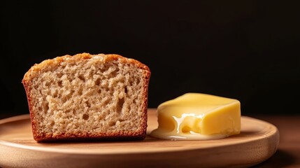 A close-up of a moist banana bread slice with a pat of melting butter, on a rustic wooden plate, copy space for text, high-resolution photo, realistic photo