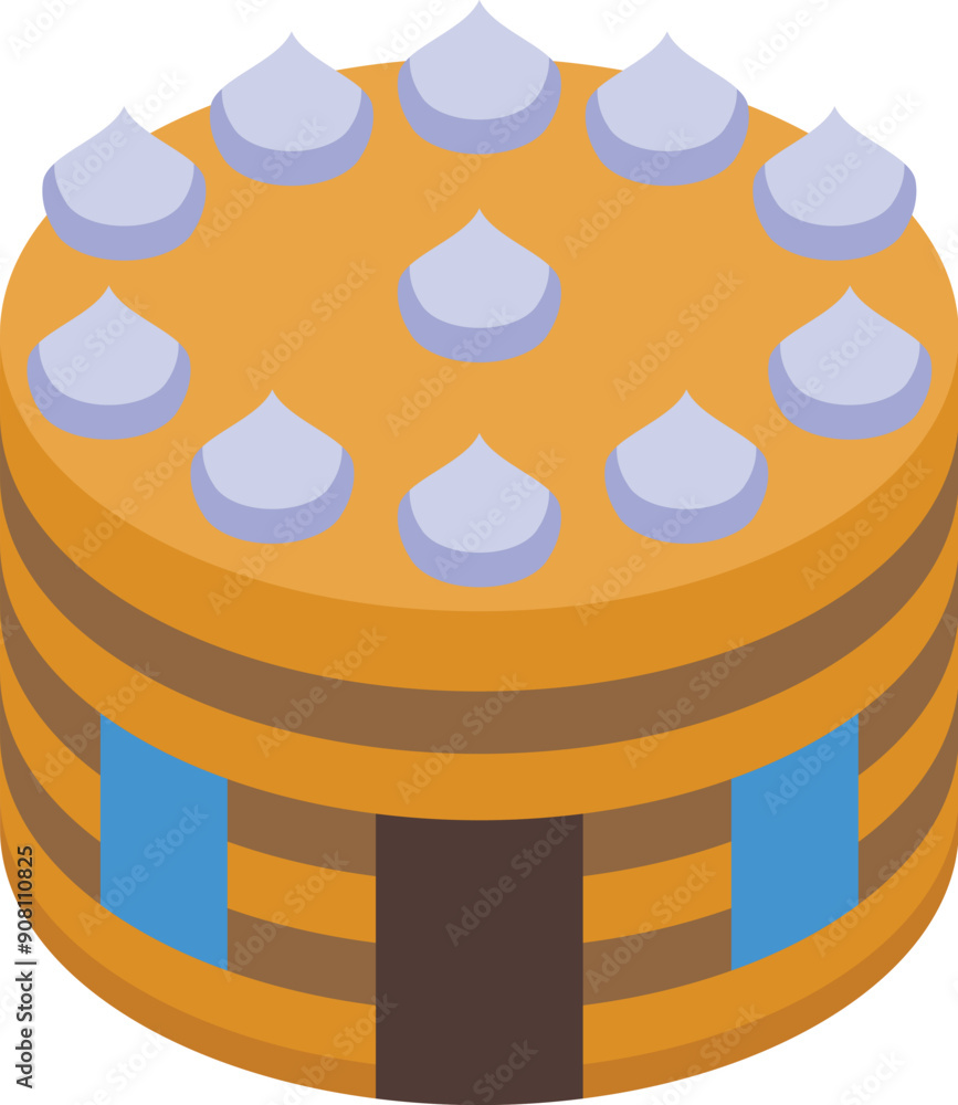 Poster round honey cake building with white icing and windows is designed in isometric view