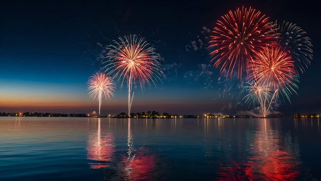 Fireworks in night sky above water, celebration of usa independence day, 4th of July. Red, blue, white American national flag, festive holiday of freedom, patriotic event, party