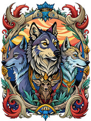 Three Wolves Surrounded by Ornate Floral Frame