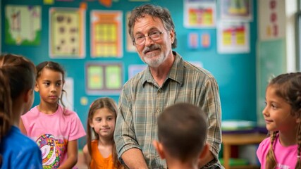 friendly old teacher teaching young student at elementary classroom 
