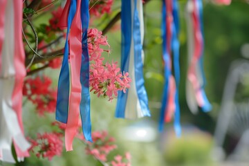 Blue, white and red hanging ribbons, arranged to look like the French flag, spring flower garden.
