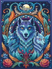 Fototapeta premium Three Blue Wolves with Ornate Floral Design