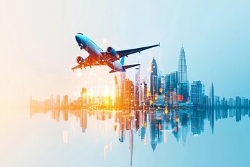 A traveladventurethemed image of a global financial hub, with iconic landmarks and a focus on international business finance