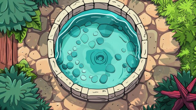 Wishing well flat design top view hope theme cartoon drawing Complementary Color Scheme